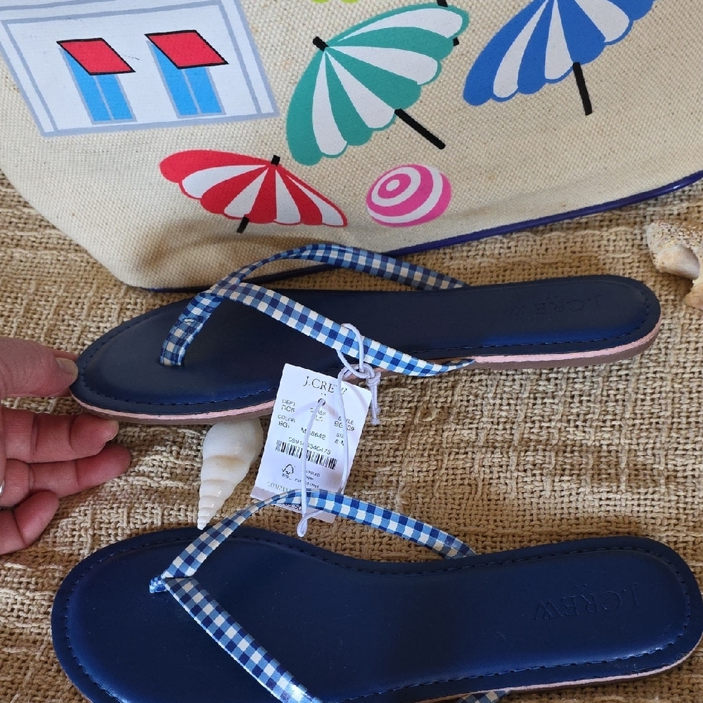 *SOLD**J. Crew Blue Size 8 Gingham Flip Flops Coastal - Picture 5 of 8